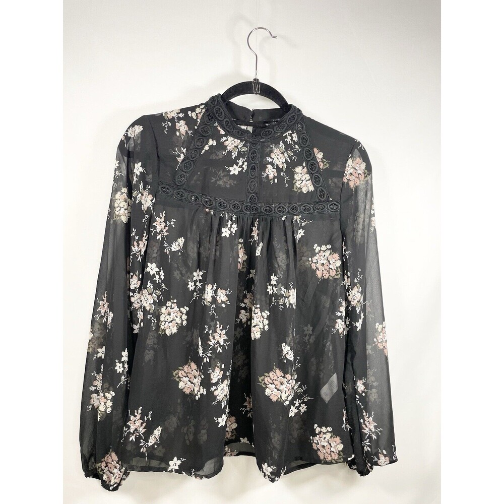 LUCKY BRAND Top Size S Grannycore Floral Mockneck Sheer Chiffon Boho Blouse